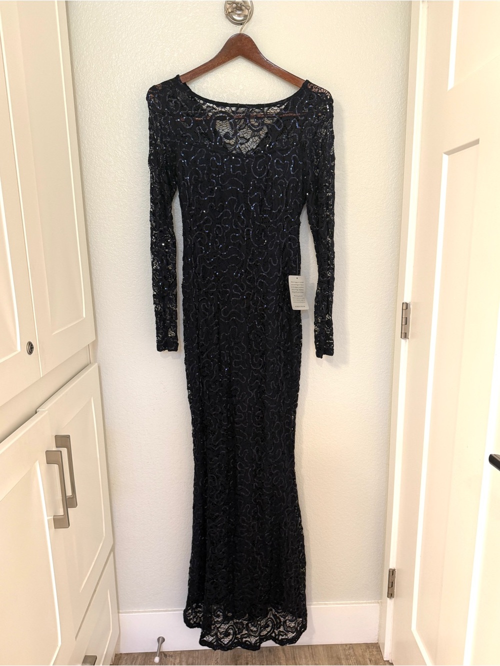 MARINA Black Long-Sleeve Lace Evening Dress
